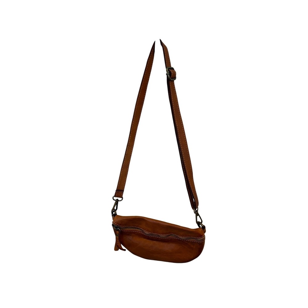 Vera Pelle Italian Leather Half Moon Crossbody Bag Cognac Brown Brass Hardware‎